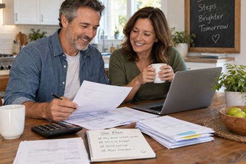 Couple at a kitchen table reviewing documents with a laptop, calculator, and a notebook labeled 'Our Plan'.